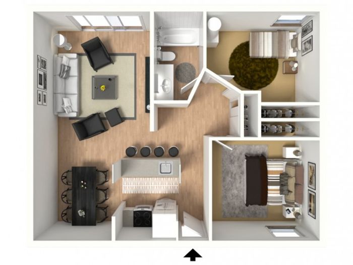 3D floorplan of two-bedroom, one-bathroom large with furniture