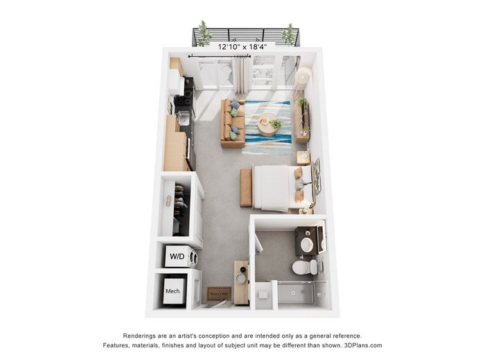 Contemporary open-concept studio apartment floor plan with integrated living and sleeping areas, sleek kitchen, and modern bathroom.