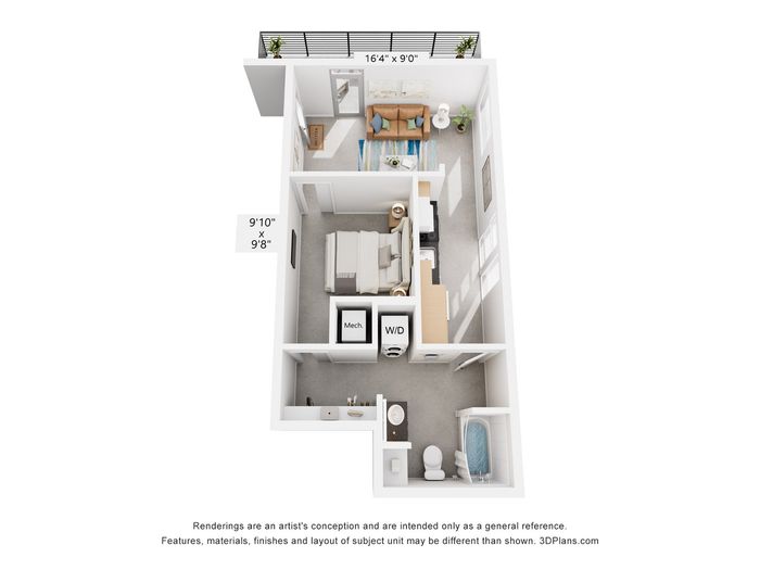 Modern 3D floor plan of a bright 1-bedroom apartment featuring an open-concept living area, compact kitchen, and balcony access.