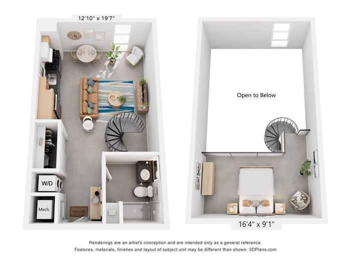 Chic loft apartment floor plan featuring a spacious open-concept living area, stylish spiral staircase, and modern kitchen, perfect for urban living.