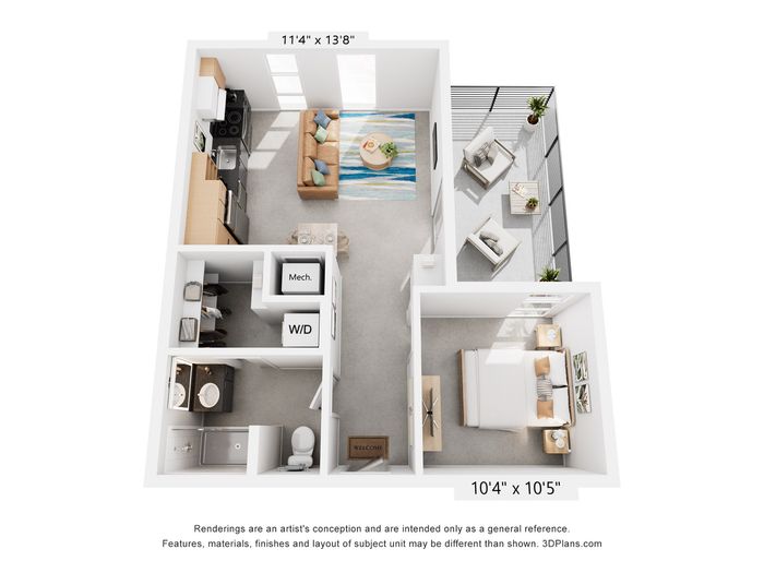 Inviting open-concept floor plan showcasing a spacious living room, modern kitchen, cozy bedroom, and private balcony perfect for relaxation.