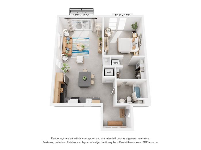 Bright and modern 3D floor plan featuring one bedroom, a cozy living area, open kitchen, and stylish balcony, perfect for urban living.