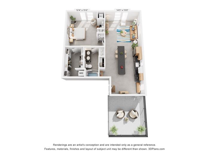 Modern 3D floor plan showcasing a stylish layout with a spacious bedroom, cozy living area, sleek kitchen, and outdoor patio.