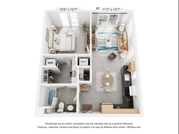 Cozy 1-bedroom floor plan featuring a chic open-concept living space, modern kitchen, and private balcony. Includes in-unit washer/dryer and spacious bathroom.