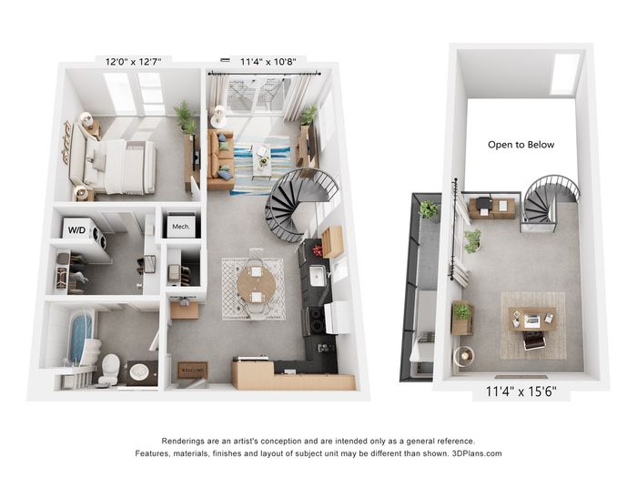 Chic two-level apartment floor plan featuring 1 bedroom, open-concept living area with kitchen, cozy office space, and elegant spiral staircase.