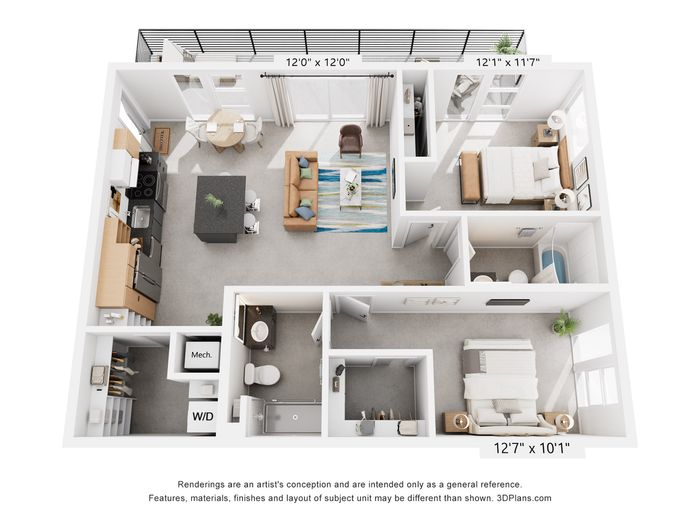 Modern 3D floor plan showcasing a stylish two-bedroom apartment with an open-concept living area, sleek kitchen, and private balcony. Includes spacious bedrooms and a contemporary bathroom.