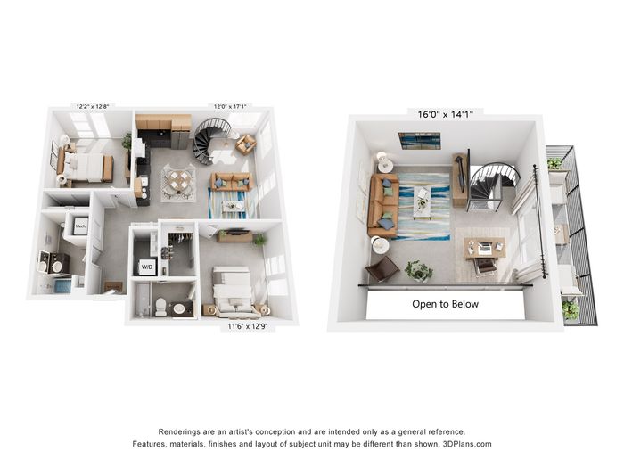 Chic two-level floor plan featuring two bedrooms, spacious living room with spiral staircase, and stylish balcony on the upper level.