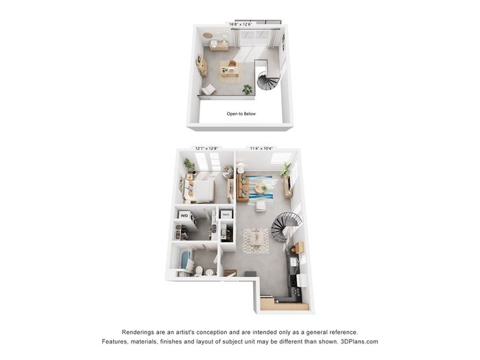 Modern loft-style floor plan showcasing an open-concept living area with spiral staircase, spacious bedroom, and stylish kitchen.