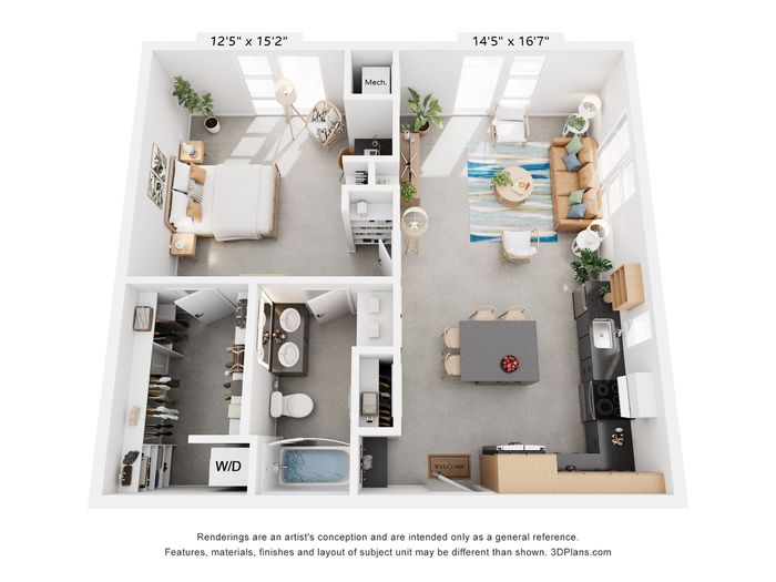 Contemporary 3D floor plan showcasing a spacious bedroom, open-concept living area, modern kitchen, and stylish bathroom with ample storage.