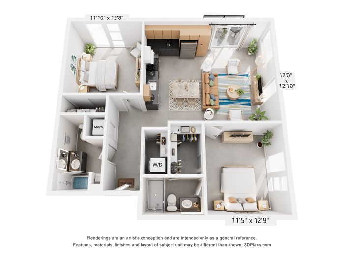 Modern floor plan with two bedrooms, open-concept living area, stylish kitchen, and two bathrooms, featuring convenient in-unit washer/dryer.