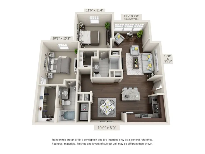 Modern 3D floor plan showcasing 2 bedrooms, a solarium patio, and an open-concept kitchen and living area.