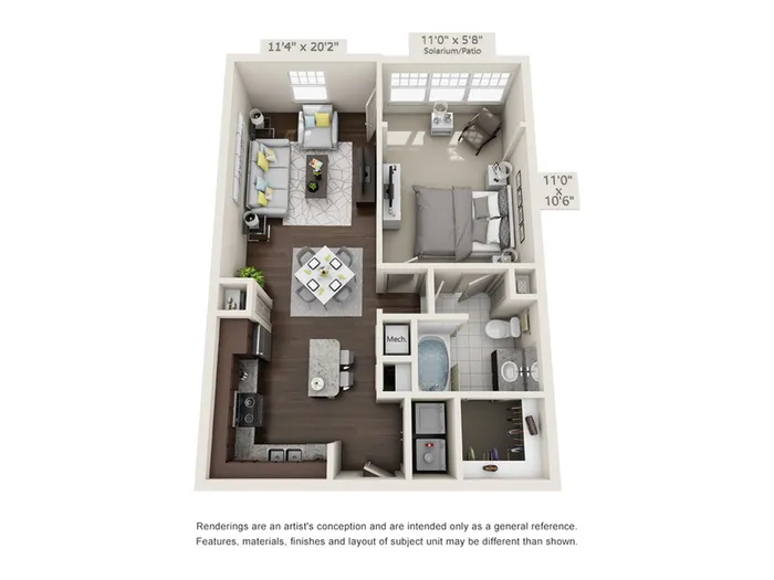 Modern floor plan showcasing an inviting living room, cozy bedroom, sleek kitchen, and a bright solarium or patio space.