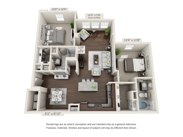 Modern 3D floor plan showcasing 2 bedrooms, a bright solarium, and an open-concept kitchen and living area. Includes two luxurious bathrooms and stylish finishes.