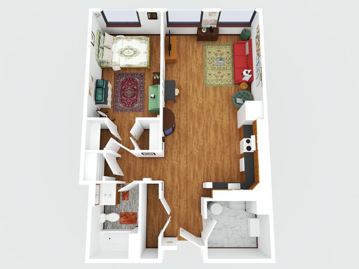 Elegant 3D floor plan showcasing a cozy one-bedroom apartment with a spacious living area and modern kitchen.
