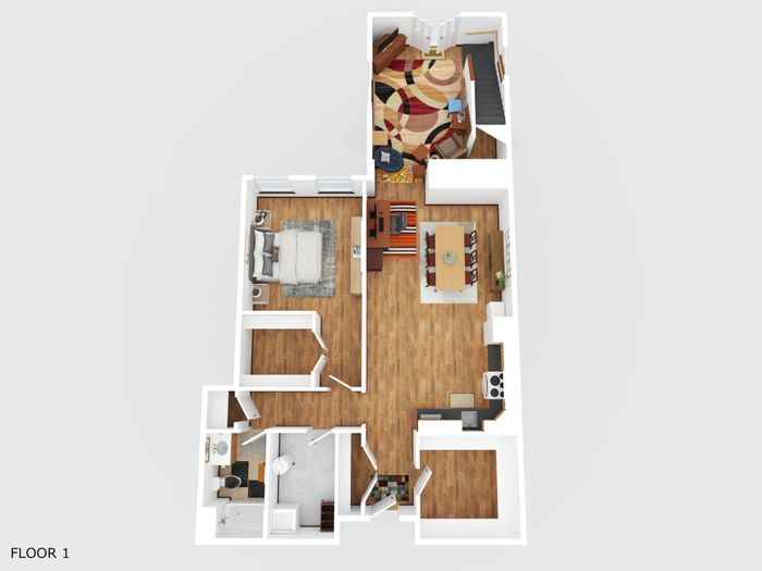 Inviting 3D floor plan showcasing an open-concept living and dining area, cozy bedroom, modern kitchen, and stylish bathroom with elegant wood flooring.