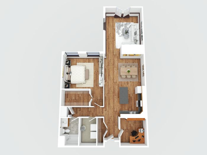 Elegant 3D floor plan featuring a spacious bedroom, a cozy living area, modern kitchen, and a stylish bathroom with wooden flooring throughout.