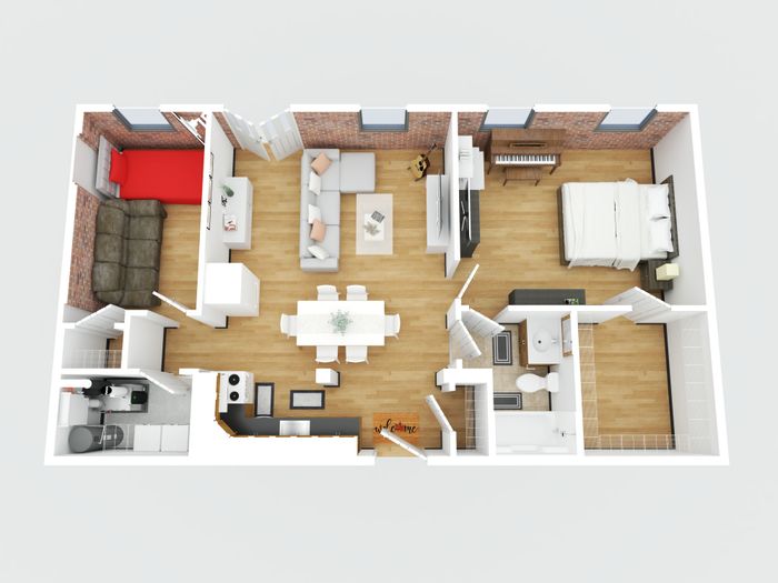 Modern 3D floor plan showcasing 2 bedrooms, a cozy living room, and a stylish kitchen with sleek furniture and wooden flooring.