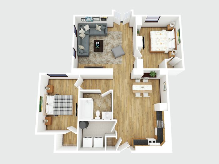 Inviting 3D floor plan featuring two cozy bedrooms, a stylish open-concept kitchen and dining area, a spacious living room, and a modern bathroom with laundry facilities.