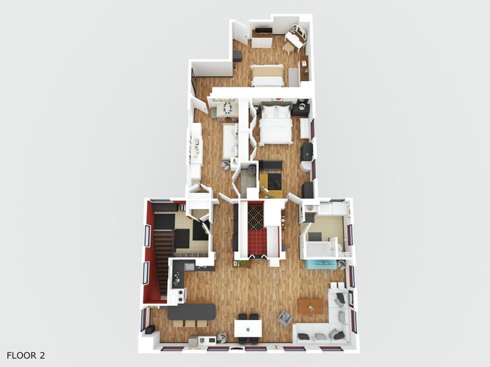 Modern 3D floor plan showcasing 3 bedrooms, a stylish open kitchen, cozy living space, and elegant wooden flooring.