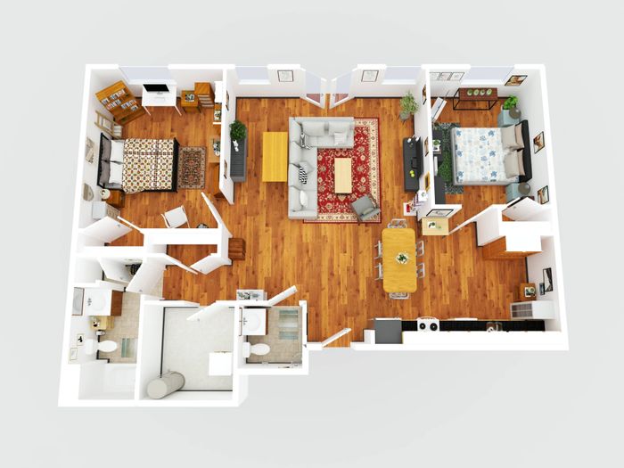 Inviting 2D floor plan showcasing a modern apartment with 2 cozy bedrooms, a spacious open-concept living and dining area, and a sleek kitchen.