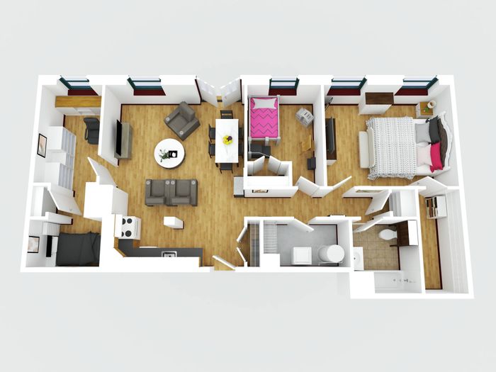 Modern 3D floor plan showcasing a cozy apartment with two bedrooms, a stylish open living-dining area, and a sleek kitchen design.