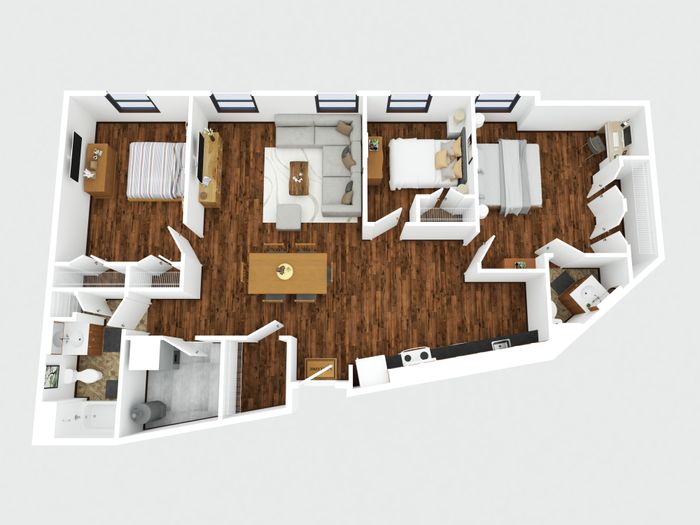 Modern 3D floor plan showcasing three bedrooms, a cozy living room, and a dining area, all featuring elegant hardwood floors.