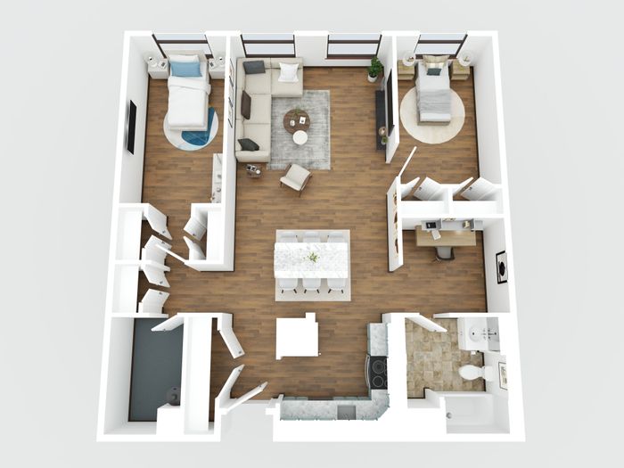 Contemporary 3D floor plan showcasing 2 bedrooms, a cozy living area, modern kitchen, and stylish workspace, ideal for urban living.