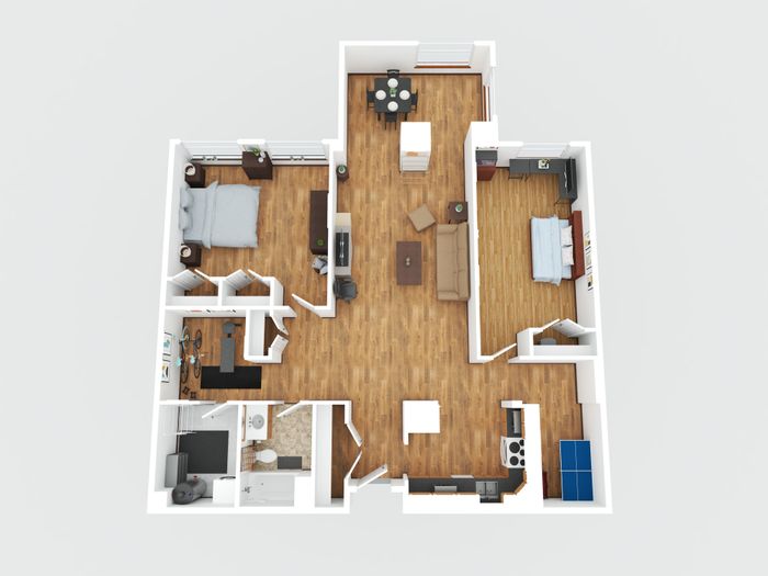 Modern 3D floor plan featuring 2 bedrooms, a spacious living area, cozy dining space, and open kitchen with stylish wood flooring.
