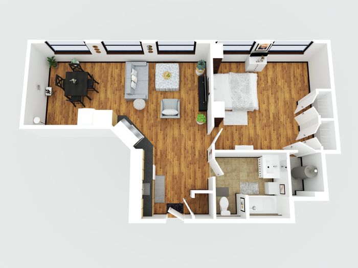 Modern 3D floor plan featuring a cozy 1-bedroom layout with an open living and dining area, sleek kitchen, and stylish bathroom.