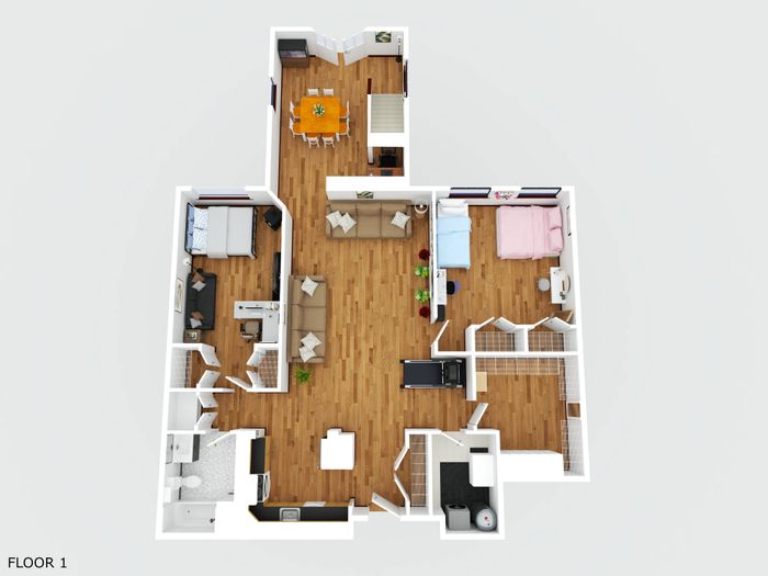 Charming 3D floor plan showcasing spacious 2-bedroom apartment with open living area, modern kitchen, and inviting dining space.