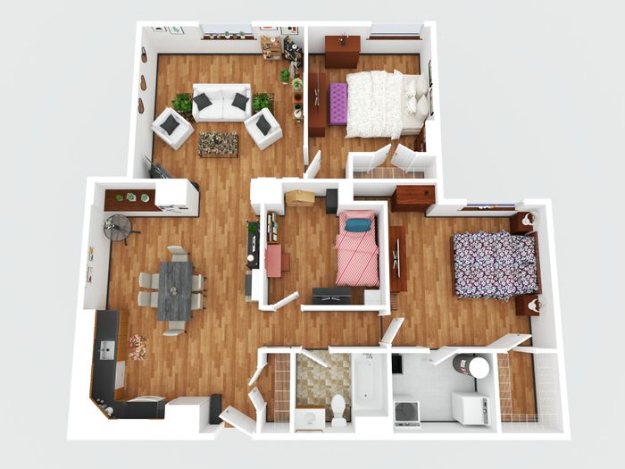 Modern 3D apartment floor plan featuring three cozy bedrooms, a spacious open-concept living and dining area, a sleek kitchen, and well-appointed bathroom spaces, all with stylish wooden flooring.
