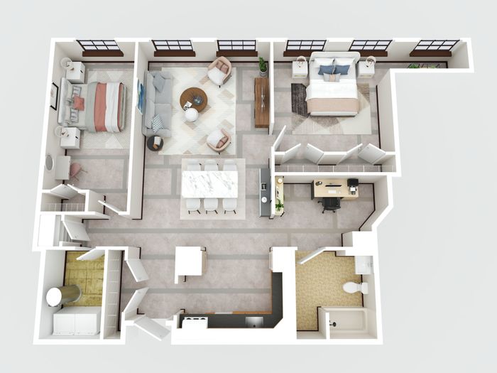 Elegant 3D floor plan showcasing two bedrooms, an open-concept living and dining area, a cozy home office, and modern bathroom amenities.