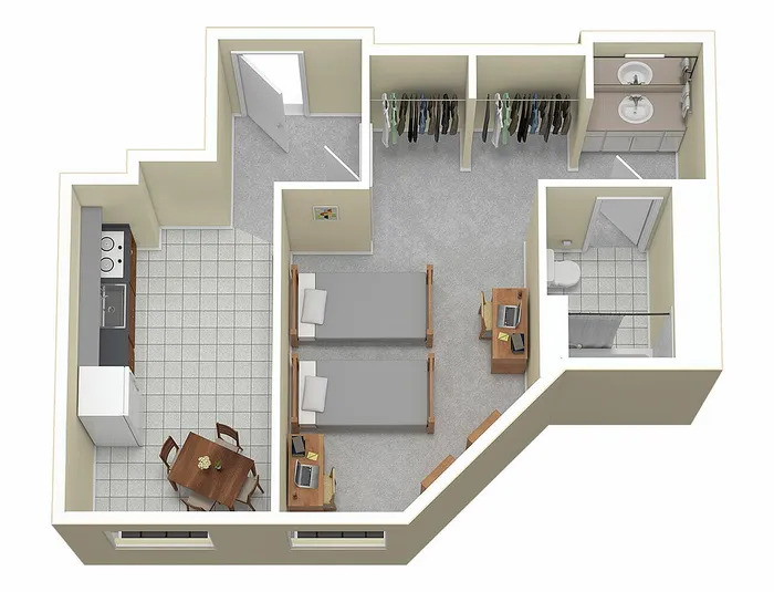 Modern 3D floor plan showcasing a cozy studio apartment with an open kitchen, dining area, and a spacious bedroom with ample storage and an attached bathroom.