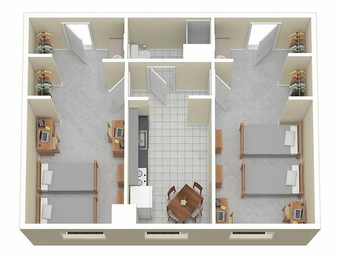 Inviting floor plan showcasing two bedrooms with workspaces, a cozy dining area, and a modern kitchen.