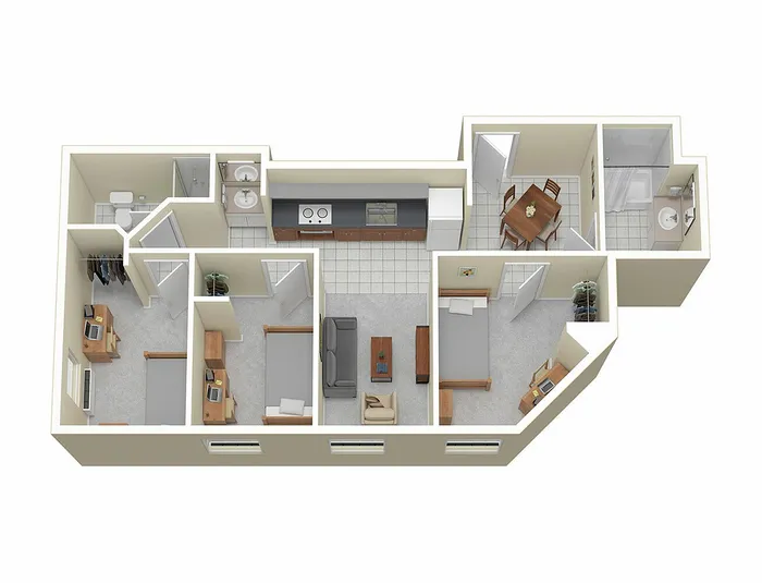 3D apartment floor plan showcasing 2 bedrooms, a cozy living room, a modern kitchen, dining area, and 1.5 bathrooms with ample closet space.