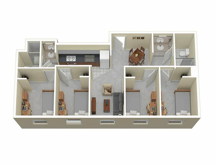 Modern 3D floor plan highlighting 3 spacious bedrooms, a cozy living area, a fully-equipped kitchen, and 2 elegant bathrooms for comfortable living.