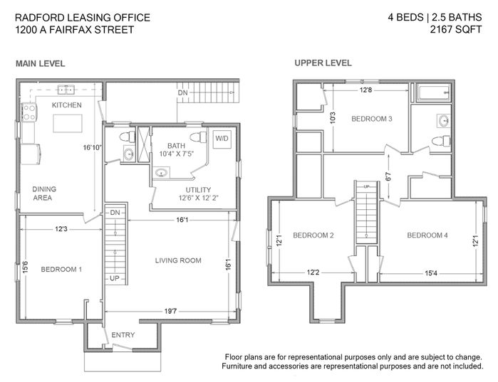 Elegant two-level floor plan showcasing 4 bedrooms and 2.5 baths at 2167 sq ft, featuring a spacious living room, modern kitchen, and dining area on the main level.