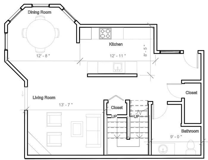 Chic floor plan showcasing open dining and kitchen areas, spacious living room, and ample closet space.