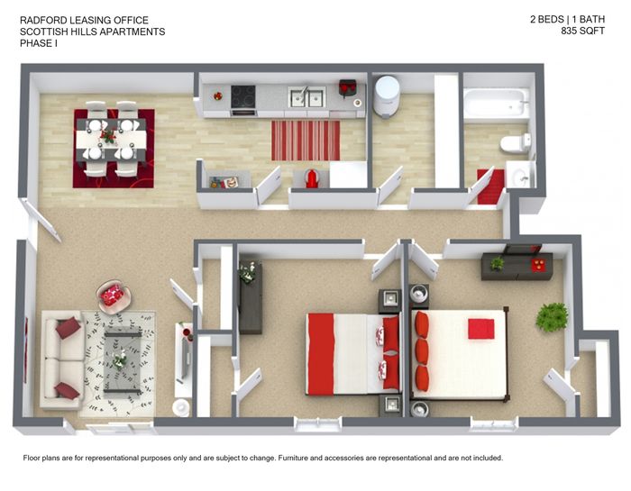 Modern 2D floor plan for Scottish Hills Apartments featuring 2 bedrooms, 1 bathroom, an elegant living room, and a fully equipped kitchen, spanning 835 sq ft.