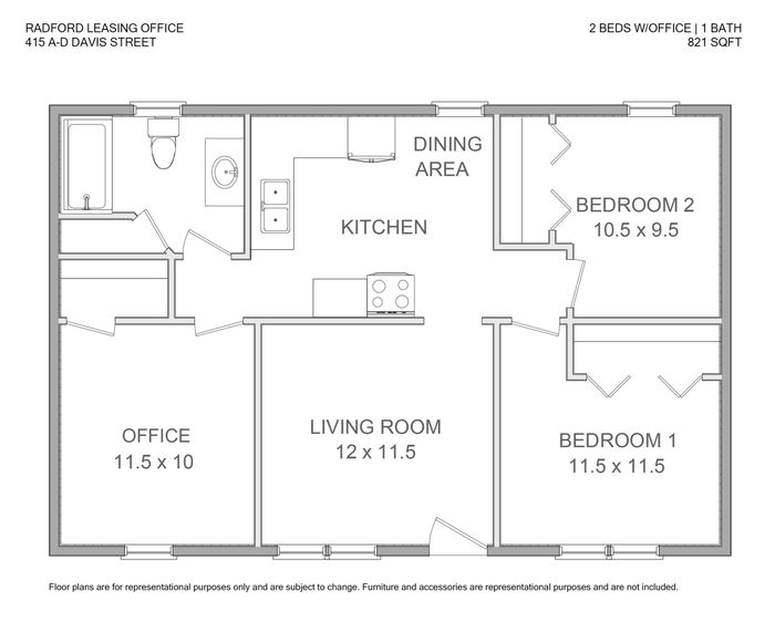 Modern floor plan with 2 bedrooms, an office space, and an open dining area in a sleek 821 sq ft layout.