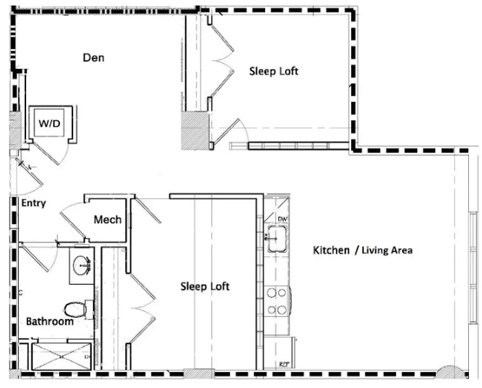 Modern floor plan featuring dual sleep lofts, a spacious den, and an open kitchen/living area with convenient bathroom and entry layout.