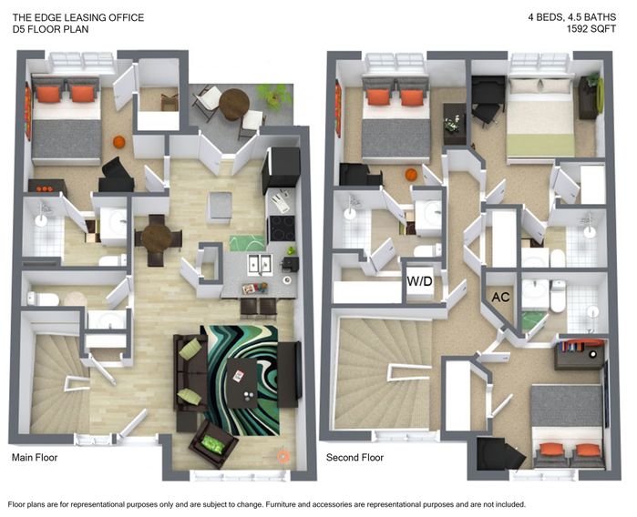 Stylish townhouse floor plan featuring 4 bedrooms, 4.5 baths, spacious living area, modern kitchen, and cozy outdoor space, totaling 1592 sqft.