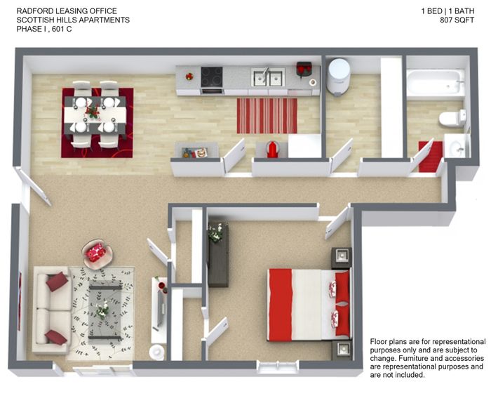 Modern 3D apartment floor plan of Scottish Hills Apartments featuring 1 bedroom, spacious living area, and well-equipped kitchen, totaling 807 sq ft.