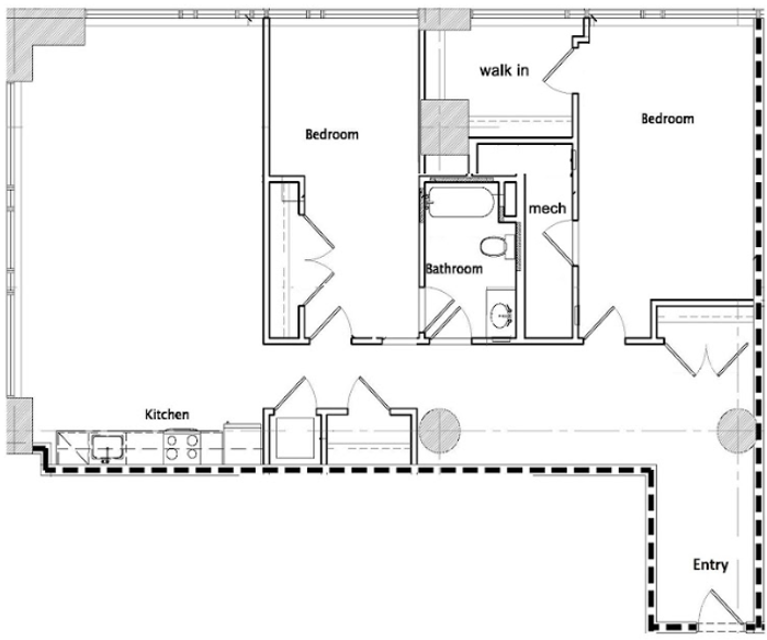 Modern apartment floor plan with 2 bedrooms, walk-in closet, sleek kitchen, and spacious entry. Ideal for comfortable living.