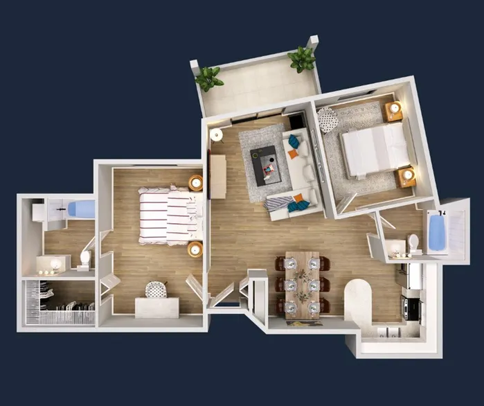 Chic 3D floor plan showcasing 2 bedrooms, cozy living room, stylish kitchen, and inviting balcony, ideal for modern living.