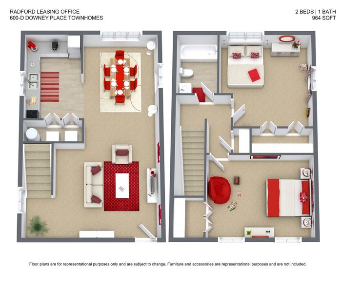 Townhouse floor plan showcasing 2 bedrooms, 1 bath, and an open-concept living area with dining space, totaling 964 sq ft.