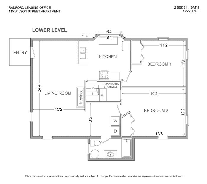 Modern floor plan of Radford Leasing Office at 415 Wilson Street, featuring 2 bedrooms, a cozy living room with fireplace, and a well-equipped kitchen. Includes unique elements like an abandoned stairwell and a spacious bathroom, all within 1255 sqft.