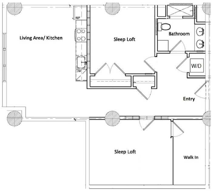 Innovative floor plan showcasing dual sleep lofts, open living area with kitchen, modern bathroom, and convenient walk-in closet.