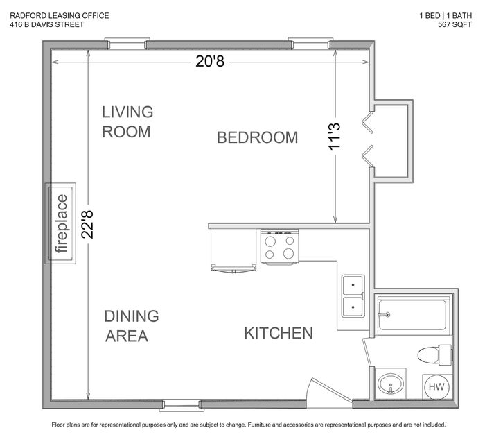 Inviting 1-bedroom, 1-bathroom floor plan featuring a cozy living room with fireplace, dining area, and modern kitchen at Radford Leasing Office.