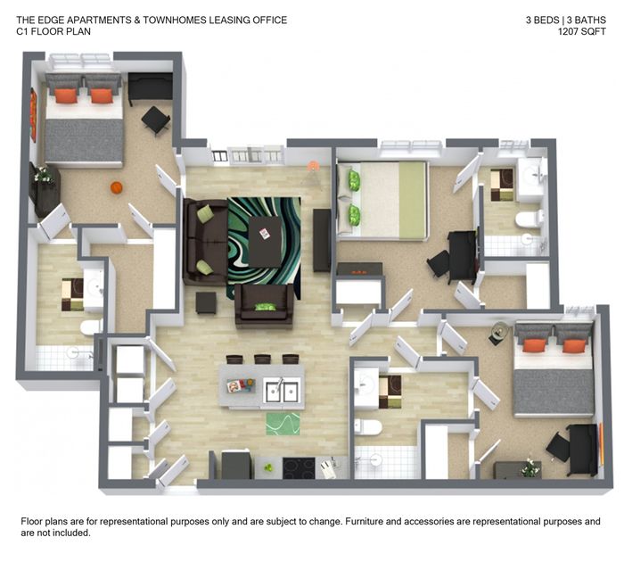 Chic 3D floor plan of The Edge Apartments, showcasing 3 bedrooms, 3 modern baths, and an open-plan living space with stylish decor, covering 1207 sq ft.